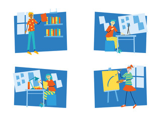 Girls and boys studying in library, on computer, at desk and art