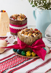 Caramel cottage cheese dessert (Paskha), Easter cakes with icing sugar and colorful painted eggs on table. Traditional Easter treats of Russia and Ukraine for Orthodox Easter. Easter symbols