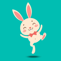 A cute cartoon bunny in a red bow tie is jumping, dancing and smiling. Isolated on turquoise background