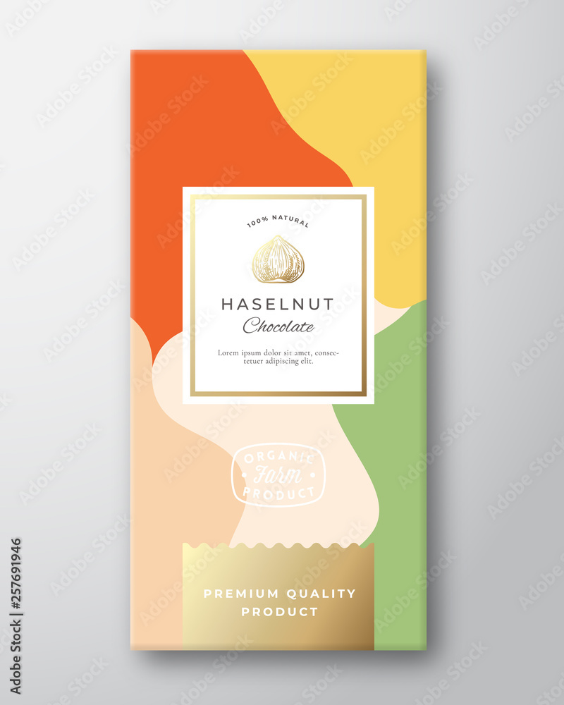 Wall mural hazelnut chocolate label. abstract vector packaging design layout with soft realistic shadows. moder