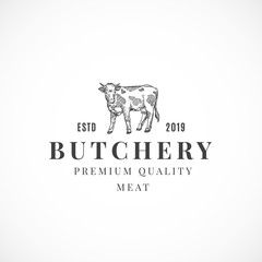 Butchery Premium Quality Meat Abstract Vector Sign, Symbol or Logo Template. Hand Drawn Cow Sketch Illustration with Retro Typography. Vintage Emblem.