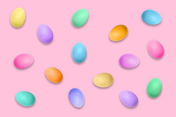 Pastel colored Easter eggs on pink background, Easter pattern