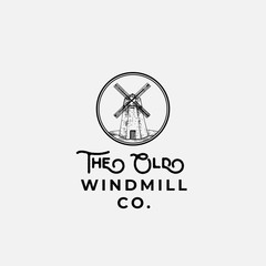 The Old Wind Mill Company Abstract Vector Sign, Symbol or Logo Template. Sketch Windmill Drawing in a Circle and Retro Typography. Vintage Luxury Emblem.