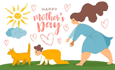 Mother and son. Fun cartoon post card for mother s day with cat, crawling baby and mom with big limbs and noisy texture. Mother s day card, background