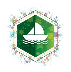 Sailboat icon floral plants pattern green hexagon button