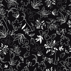 Vector Illustration of stylized, abstract, mystical botanical garden with floating scattered allover flowers and leaves. For fabric, fashion design, accessories, gifts