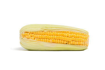 Single ear of sweet corn isolated on white background.