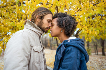 Fototapeta premium Couple in love are walking in the autumn park. Afroamerican girl with a European.