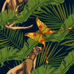 Tropical wildlife seamless pattern. Madagascar animals, butterfly, flowers ornament. Vector pattern.