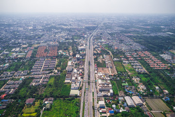 City traffic road with modern building aerial view