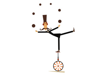 Equilibrist mustache man on the unicycle juggles the balls illustration. Funny long mustache man in the top hat balances on the unicycle and juggles the balls isolated on white illustration © bigmen