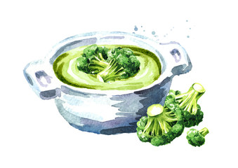 Vegetarian cream soup with fresh broccoli. Hand drawn watercolor illustration, isolated on white background