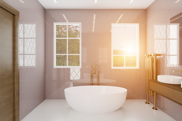 Fototapeta na wymiar Bathroom with large windows and decorative purple tiles. Golden plumbing.. Sunset. 3D rendering