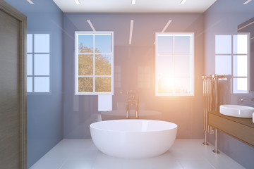 Fototapeta na wymiar Blue bathroom with two washbasins and large windows. Sunset. 3D rendering