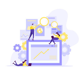 Flat illustration  design of workers  data analysis solution or search engine for website page templates, banner  , graphic and web design, SEO, . Modern vector and mobile website development.