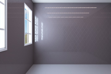 Empty interior of purple bathroom with glossy walls. Brown door.. 3D rendering