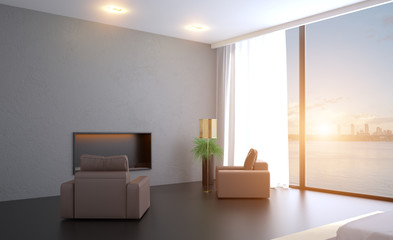 Naklejka na ściany i meble Modern bedroom design, Double bed. 3D rendering. Sunset