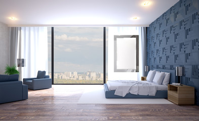 Modern grey bedroom interior. 3D rendering. Blank paintings