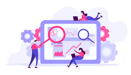 Flat illustration  design of workers  data analysis solution or search engine for website page templates, banner  , graphic and web design, SEO, . Modern vector and mobile website development. - 257696584