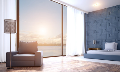 Modern grey bedroom interior. 3D rendering. Sunset