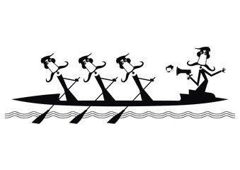 Kayak, three oarsman and quartermaster with megaphone isolated illustration. Cartoon long mustache oarsman and quartermaster with megaphone floating on the waves on a boat black on white