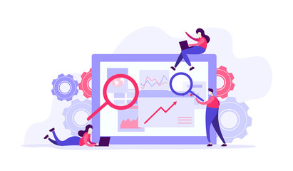 Flat illustration  design of workers  data analysis solution or search engine for website page templates, banner  , graphic and web design, SEO, . Modern vector and mobile website development. - 257696708