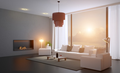 A room with a fireplace and a large white sofa on the background of panoramic windows.. 3D rendering. Sunset