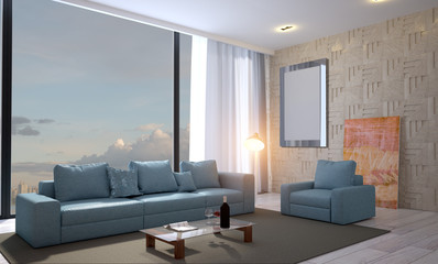 View of the large fabric sofa against the background of the panoramic window. The walls are made of decorated wooden panels.. 3D rendering. Blank paintings.  Mockup.