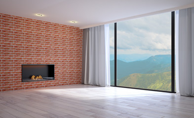 Empty living room with wooden and brick walls. Big window. Modern fireplace.. 3D rendering