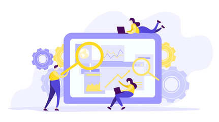 Flat illustration  design of workers  data analysis solution or search engine for website page templates, banner  , graphic and web design, SEO, . Modern vector and mobile website development. - 257696913