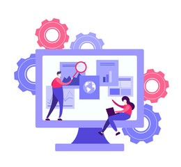 Flat illustration  design of workers  data analysis solution or search engine for website page templates, banner  , graphic and web design, SEO, . Modern vector and mobile website development. - 257696915