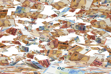 3D rendering of a computer generated simulation showing a large number of banknotes of 10, 20 and 50 Euro falling down, on white background