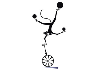 Cartoon monkey on the unicycle juggles the balls illustration. Funny monkey balances on the unicycle one hand head over heels and juggles the balls black on white illustration © bigmen