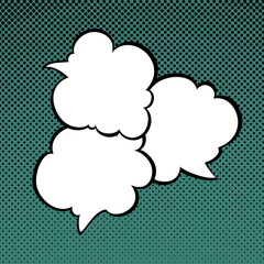 Three speech Bubbles on Green Pop Art Background with Black Dots , Conversation on Halftone Retro Style Background, Vector Illustration