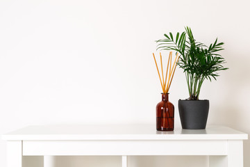 Scandinavian nordic hygge style, home interior - evergreen plant, scent aroma diffuser, white shelf