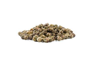 green pepper peppercorns heap isolated on white background. front view