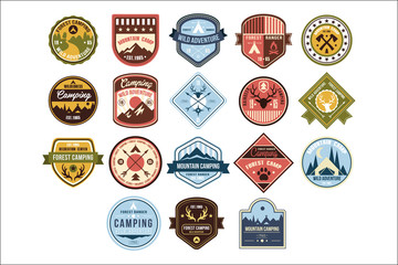 Mountain camping logo set, wild adventure, forest ranger retro badge vector Illustrations on a white background