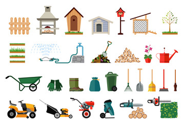 Set of various gardening items. Courtyard around the house. Garden tools. Flat design illustration of items for gardening.