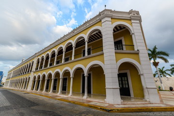 Historical buildings in spanish colonial style in Campeche, Mexico