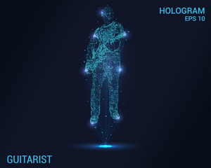Obraz premium Guitarist hologram. Digital and technological background guitarist. Futuristic music design.