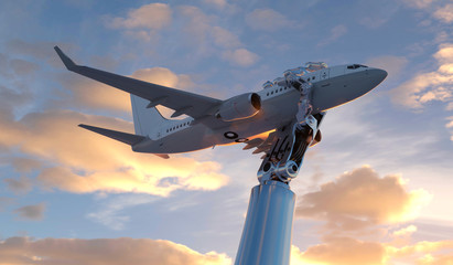 3D render of a robotic hand gripping a generic airliner, depicting the use of automation in modern aircraft. Lens flare, depth-of-field and motion blur for dramatic effect.