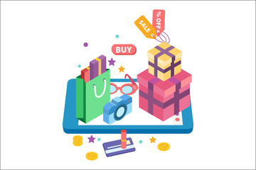 Tablet and gift boxes, online shopping concept vector illustration