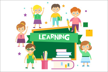 Cute happy schoolchildren and green chalkboard, elementary school, back to school kids, learning concept vector illustration