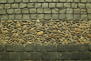 Tramway line and cobblestone tile pavement.
