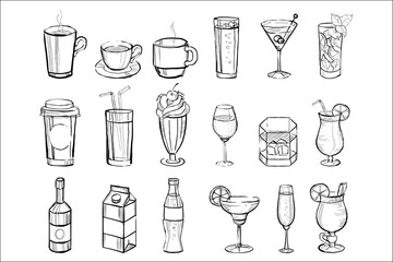 Hand drawn drinks and alcoholic cocktails big set doodle vector illustration