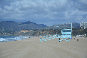 Blue lifeguard tower on the Santa Monica beach.
