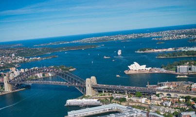 Naklejka premium Aerial view of Sydney Harbor Bridge, city symbol, Australia