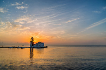Vlacherna Monastery at sunrise on Corfu island