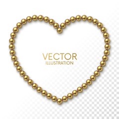 Golden balls in the form of heart frame on white background