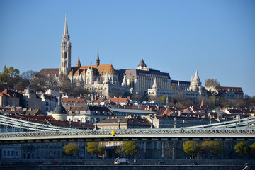 View across the river Danube to the Hotel La Bellissima linking Buda to Pest in Budapest, Hungary.
